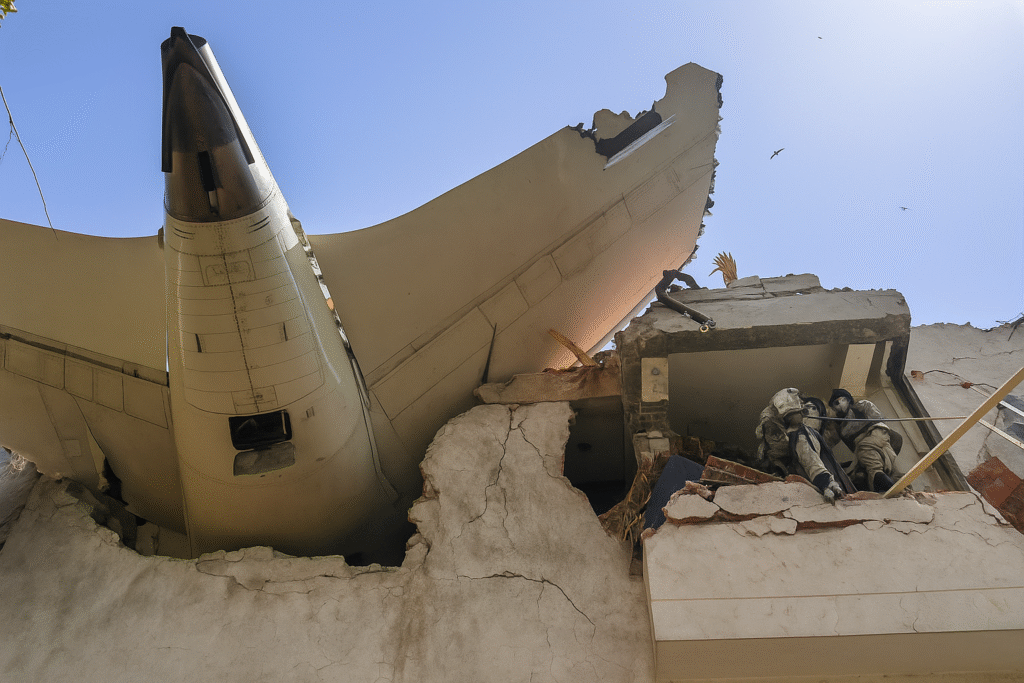 Air India plane crash Ahmedabad June 12 2025 – tail section embedded in Meghani Nagar building